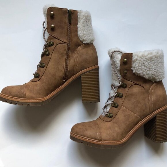 Nine West Shoes - Nine West, Brown Faux Leather, Sherpa Trim, Zipper&Lace-up, Ankle Boot, Sz: 10M